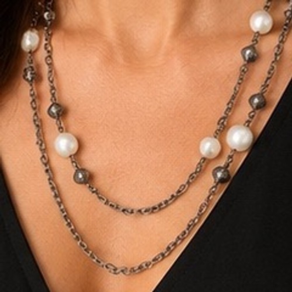 Pearl Beaded Long Chain Necklace Gunmetal Silver Tone Layering Double Strand